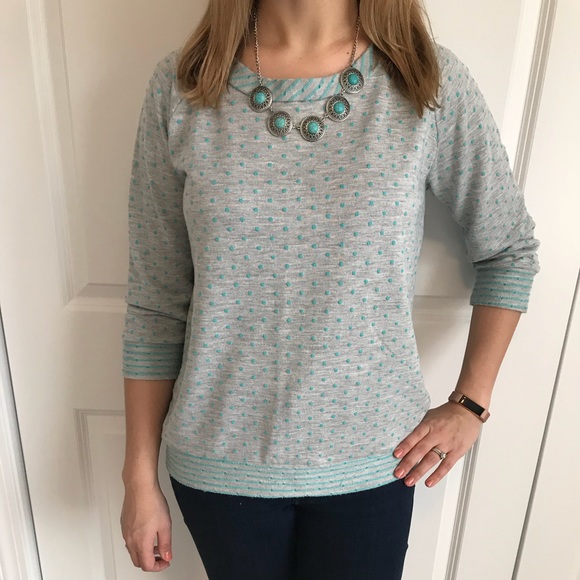 Olivia Moon Tops - Thin Gray Sweatshirt with Teal Polka Dots